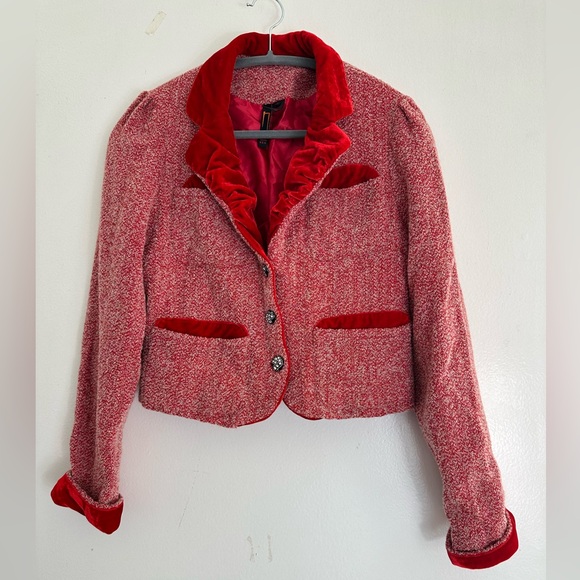 Vintage Velvet Trim Crop Jacket Antique Buttons and Pockets Medium - Picture 1 of 10